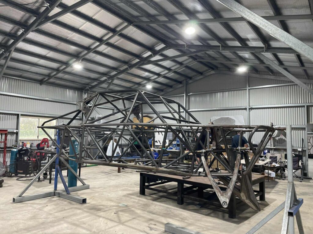 Razorback buggy chassis on the build table in the Sunshine Coast workshop