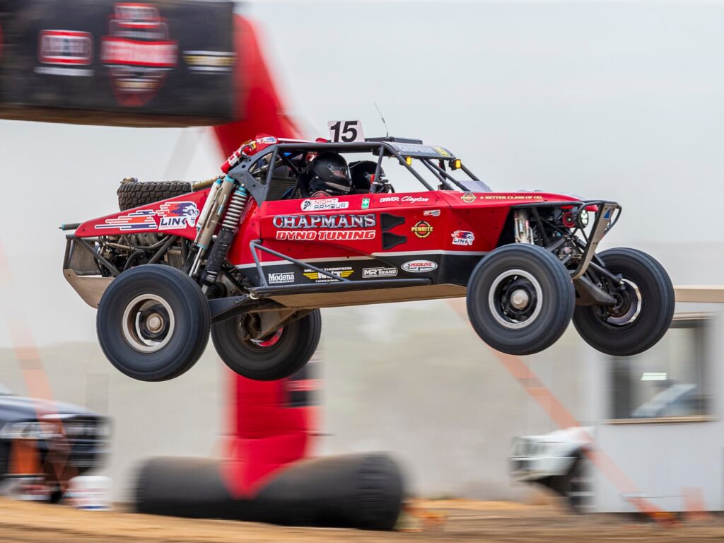 Chapmans Offroad Racing number 15 Razorback jumping the finish