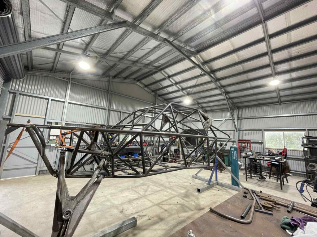 Razorback chassis on the jig stand in the workshop